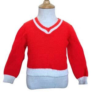 Vintage Dell Toddler Red V-Neck Sweater White Trim Orlon Acrylic Knit